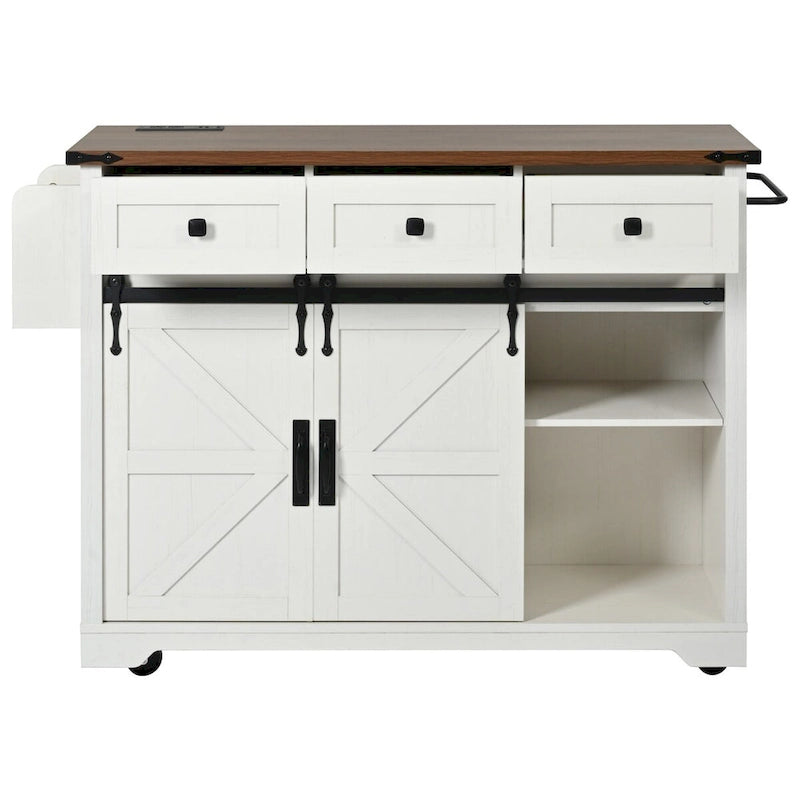 53.7" Kitchen Island with Power Outlet & 2 Sliding Barn Doors, Drop Leaf & Rolling Wheels
