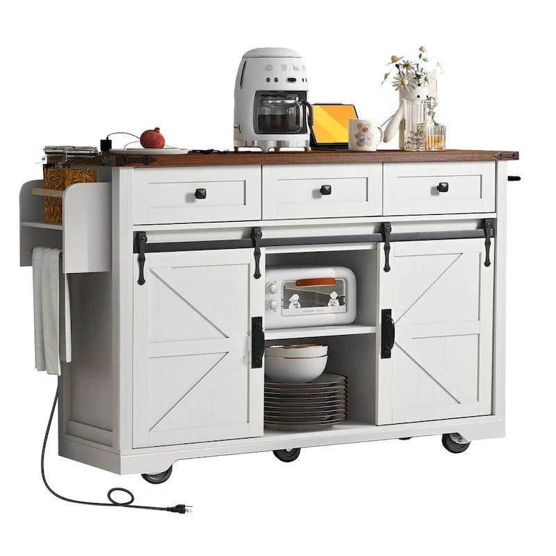 53.7" Kitchen Island with Power Outlet & 2 Sliding Barn Doors, Drop Leaf & Rolling Wheels