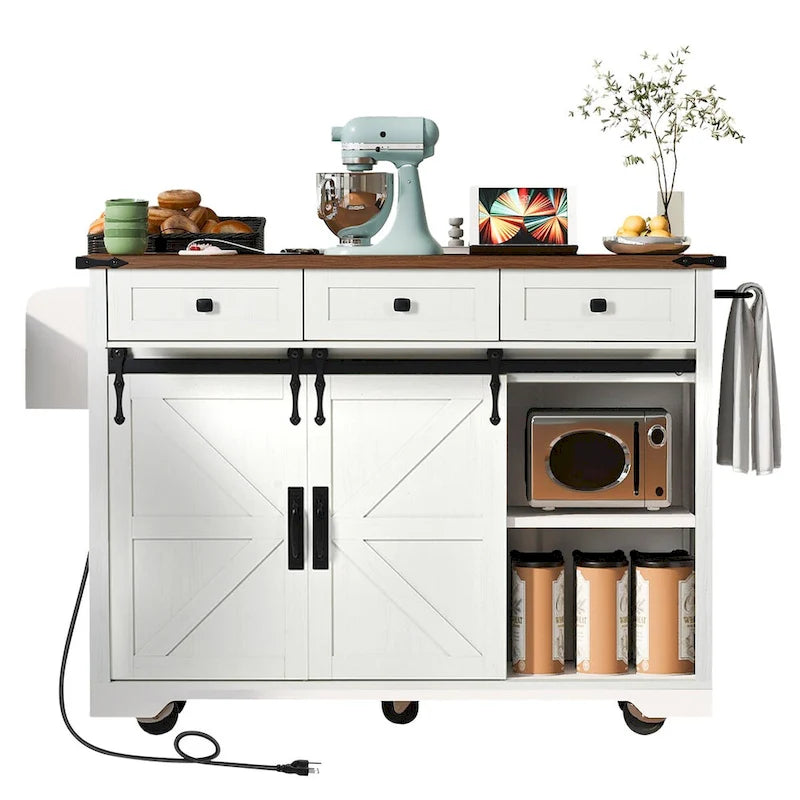 53.7" Kitchen Island with Power Outlet & 2 Sliding Barn Doors, Drop Leaf & Rolling Wheels