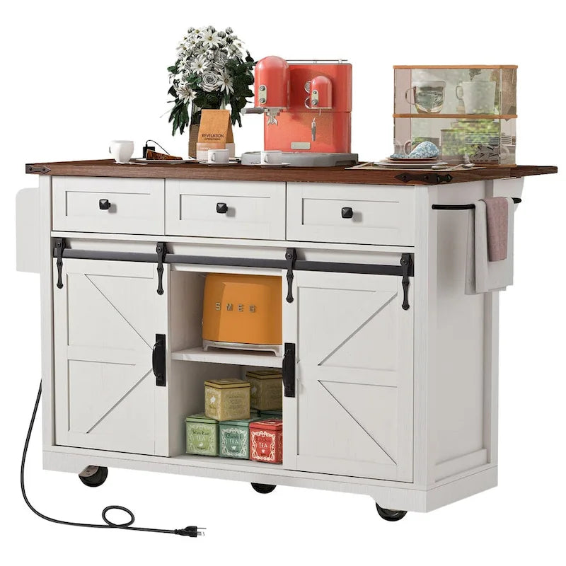 53.7" Kitchen Island with Power Outlet & 2 Sliding Barn Doors, Drop Leaf & Rolling Wheels