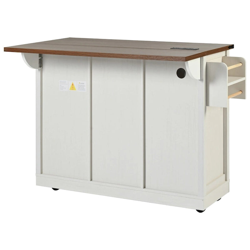 53.7" Kitchen Island with Power Outlet & 2 Sliding Barn Doors, Drop Leaf & Rolling Wheels