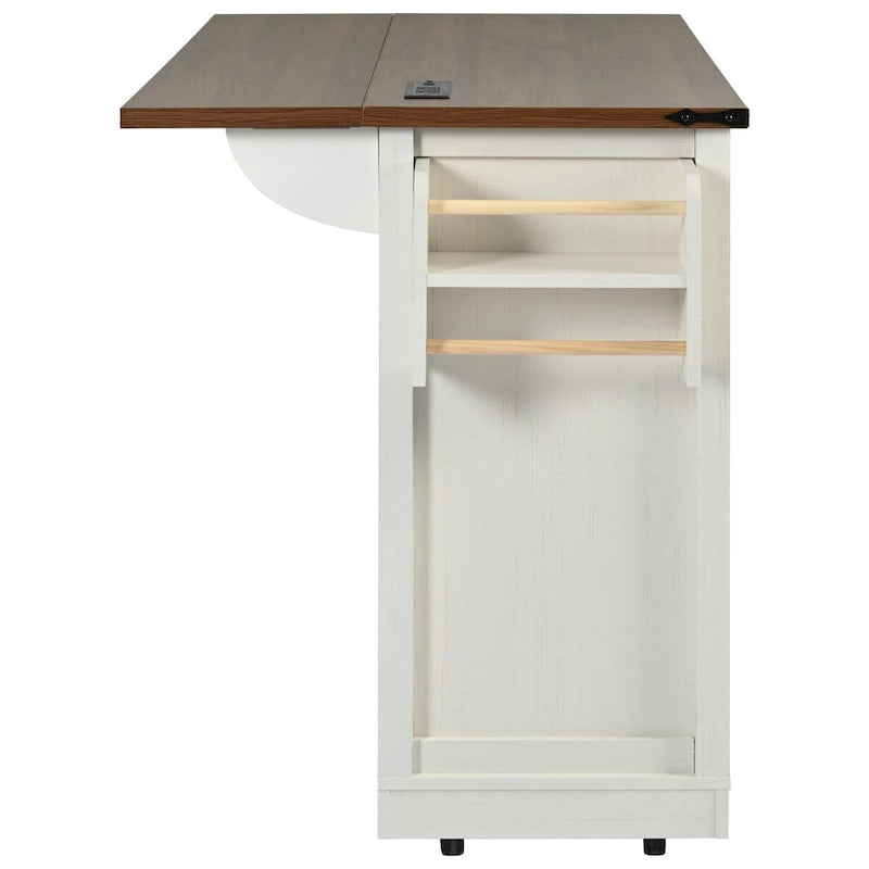 53.7" Kitchen Island with Power Outlet & 2 Sliding Barn Doors, Drop Leaf & Rolling Wheels